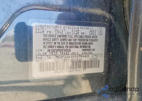 2017 Nissan Sentra S z USA, uszkodzony, nr VIN 3N1AB7AP6HY345539